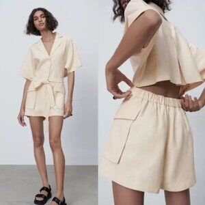 Zara Shorts Romper Playsuit Waist Tie Open Back Linen Open Back Women's Small